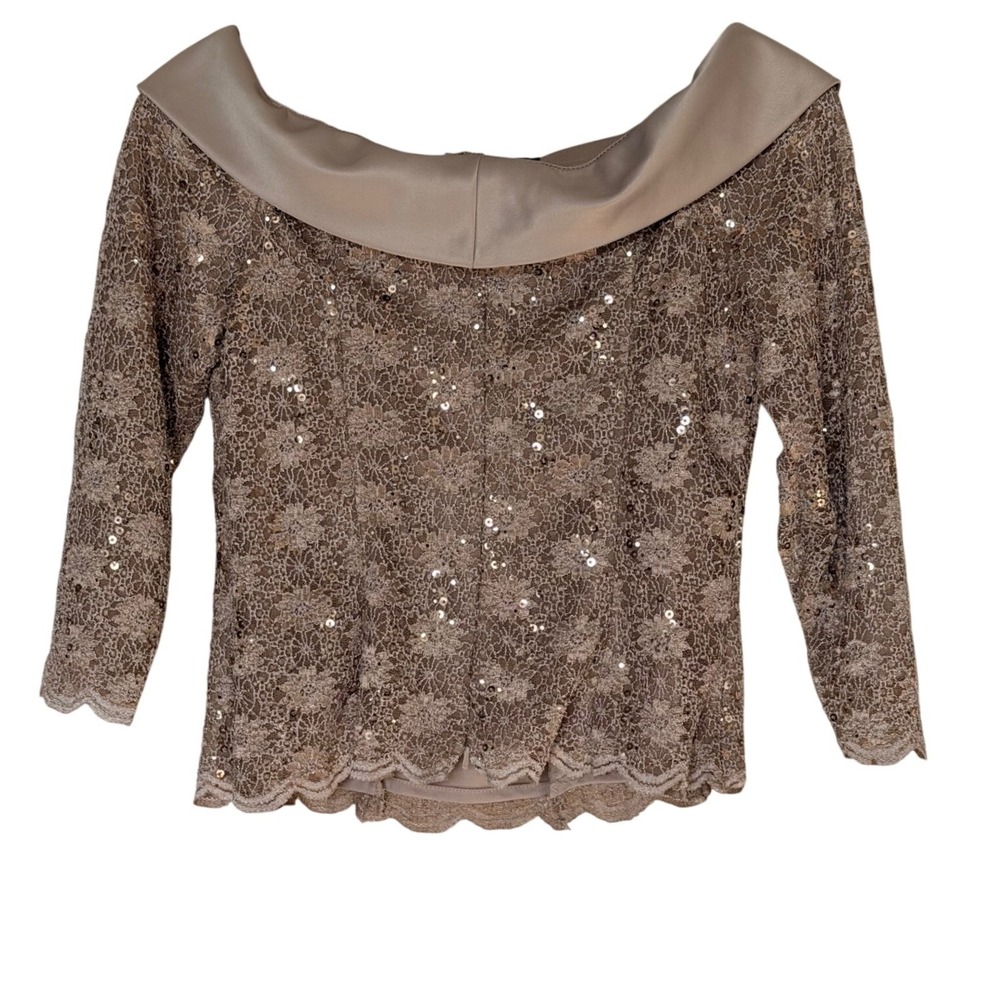 Alex Evenings Blouse Womens 12 Portrait Collar Champagne Taupe Sequin Lace EUC